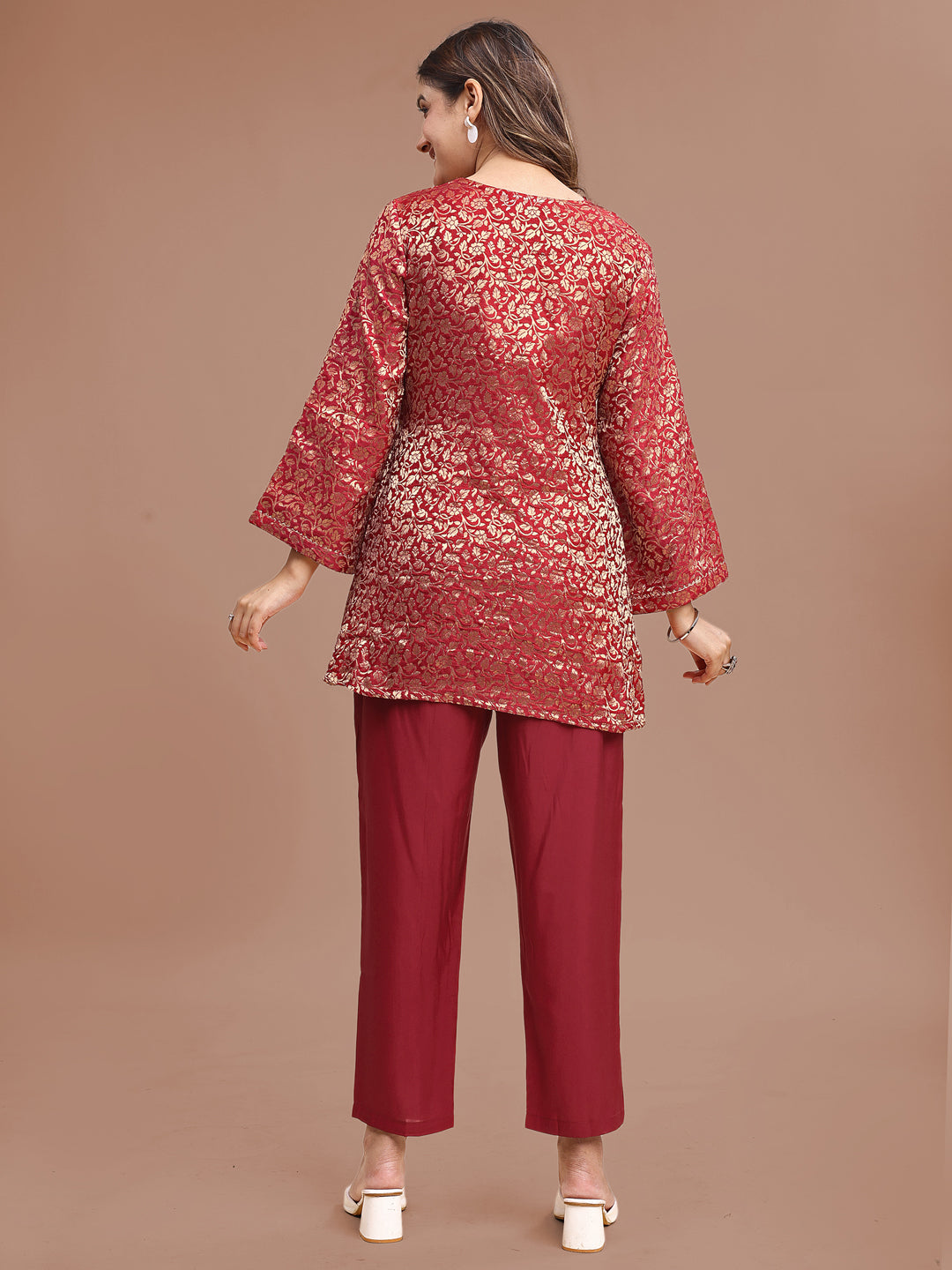 Red Colored Brocade Tunic With Silk Blend Inner & Trouser